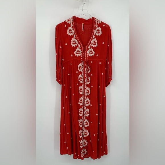 Free People Fable midi boho dress red embroidery gauze long Rock Roll maxi XS - Picture 2 of 5